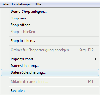 Menüpunkt Datenrücksicherung
