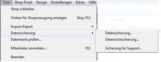 Menüpunkt für die Datensicherung