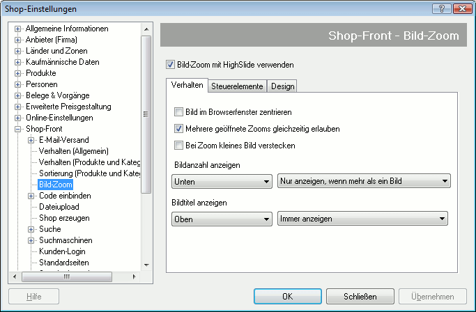 Bild-Zoom, Einstellungen
