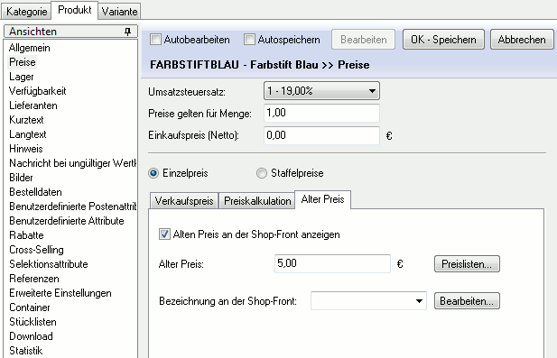 Das Register "Alter Preis" der ansicht "Preise" des Produkts