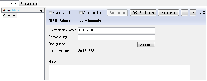 Die Ansicht "Allgemein" des Briefthemas