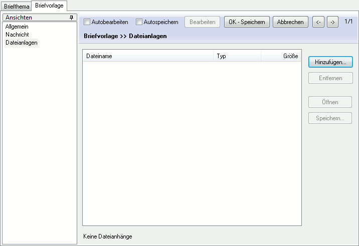 Die Ansicht "Dateianlagen" der Briefvorlage