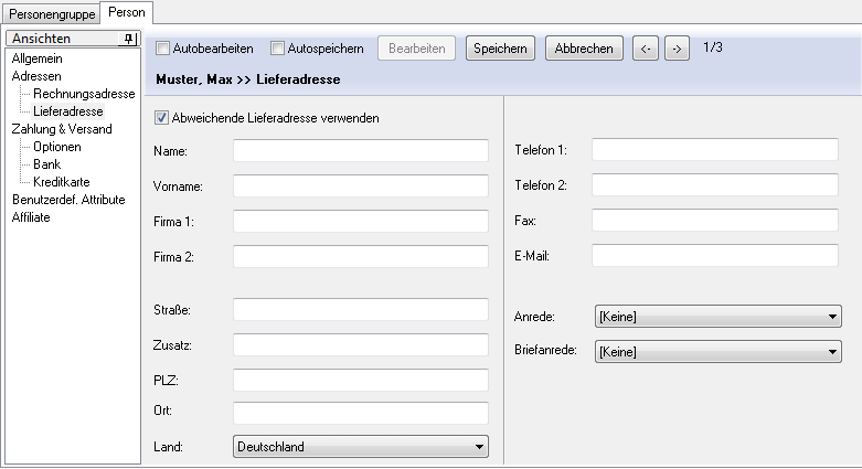 Die Ansicht "Lieferadresse" der Person