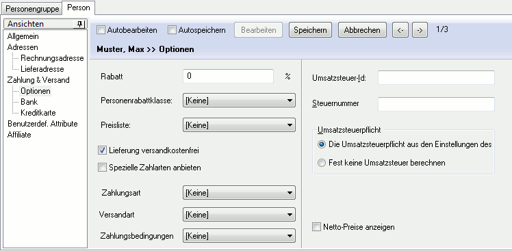 Die Ansicht "Option" der Person