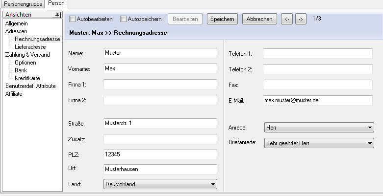 Ansicht "Rechnungsadresse" der Person
