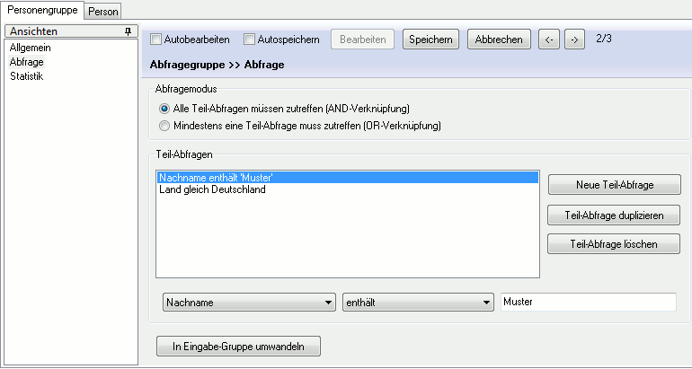 Ansicht "Abfrage" der Personengruppe