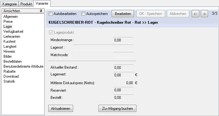 Die Ansicht "Lager" der Variante