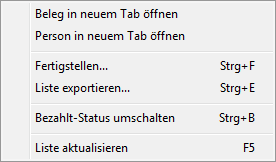Das Kontextmenü des Rechnungsausgangsbuchs