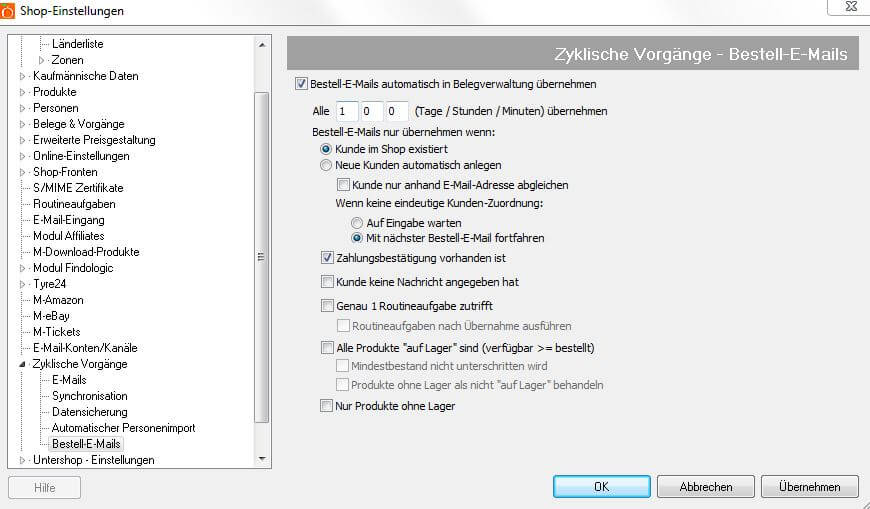 Automatische Übernahme von Bestellungen in die Belegverwaltung konfigurieren