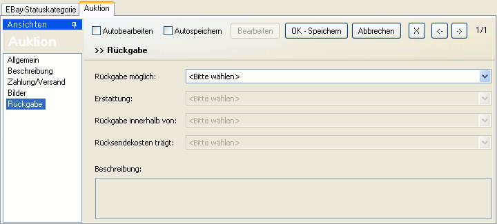 Die Ansicht "Rückgabe" des eBay-Bereichs