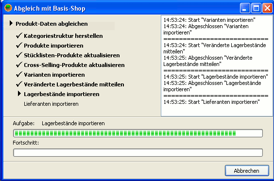 Dialog zur Durchführung der Shopsynchronisation