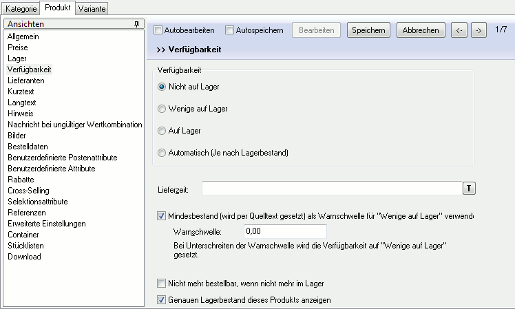 Ansicht "Verfügbarkeit" des Produkts