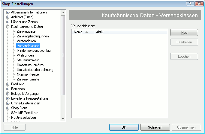 Dialog Versandklassen