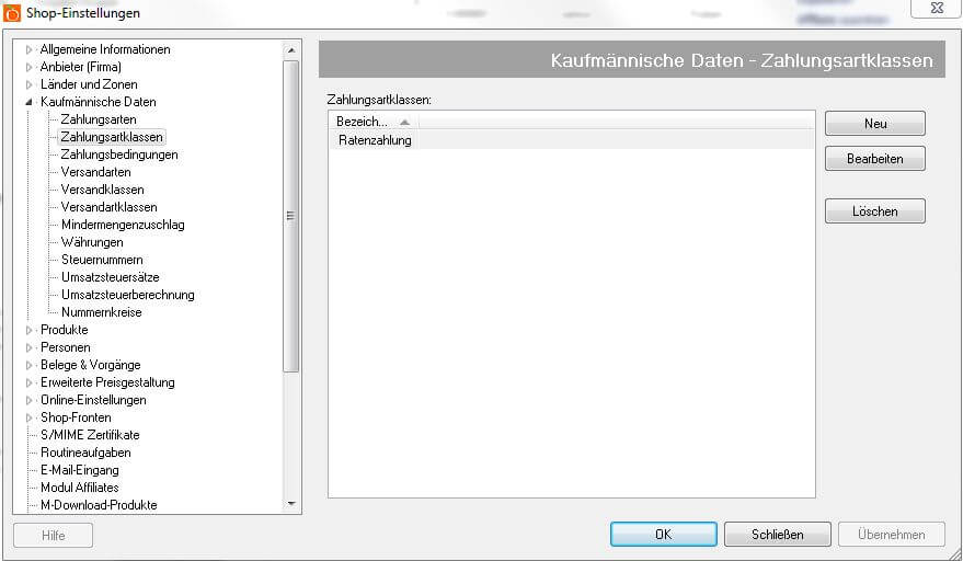 Zahlungsartklassen-Einstellungen