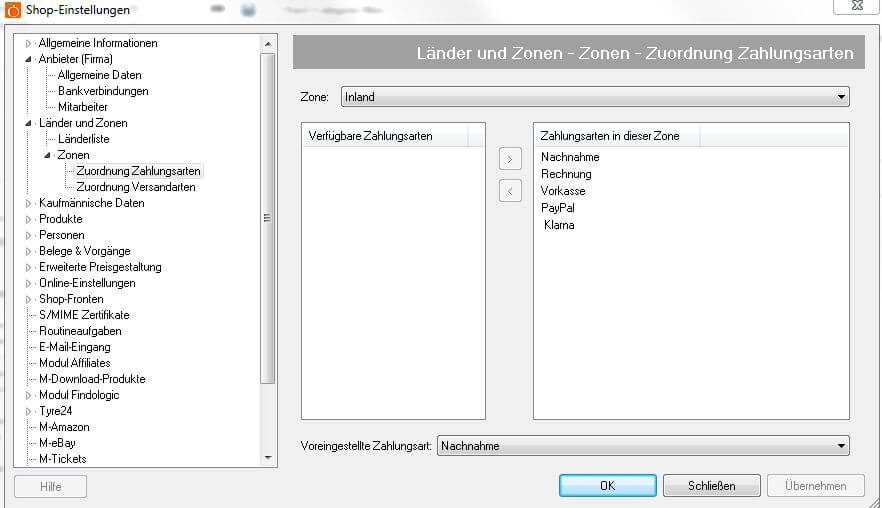 Zuordnung von Zahlungsarten zu Zonen